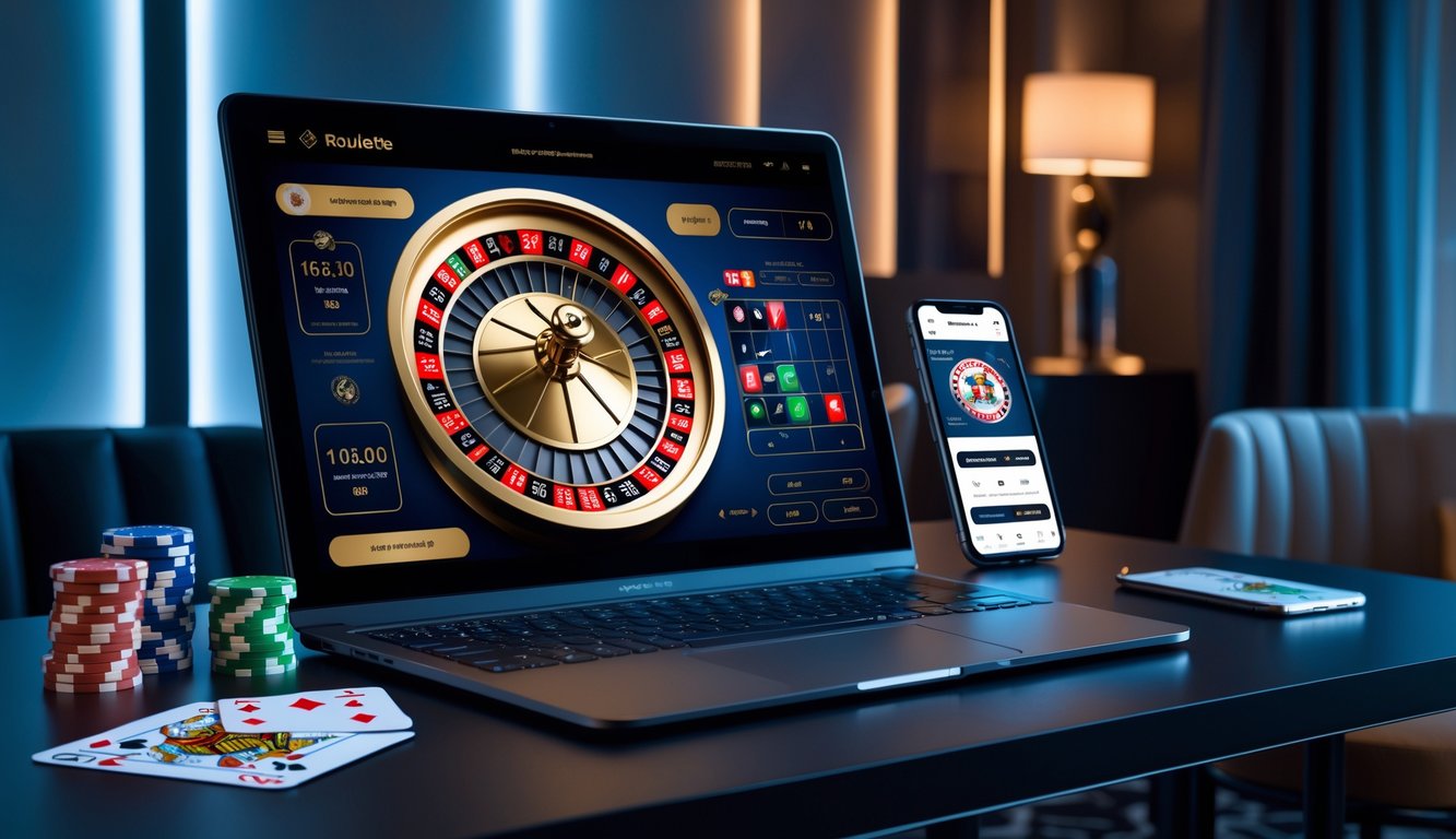 Sebuah meja dengan komputer menampilkan roda roulette digital yang berputar, dikelilingi oleh chip poker dan kartu remi di sebuah ruangan dengan pencahayaan lembut.