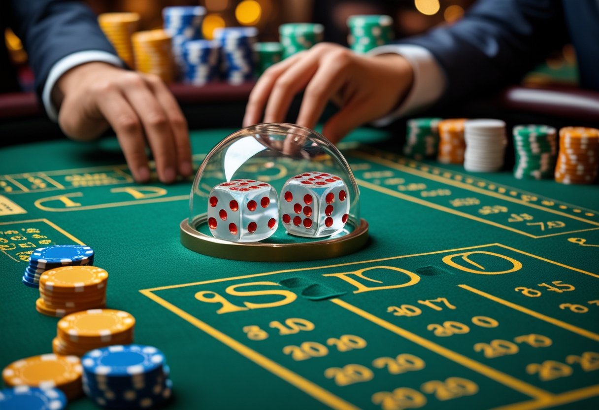 Close-up of hands placing chips on a Sic Bo betting table with three dice rolling inside a clear dome.