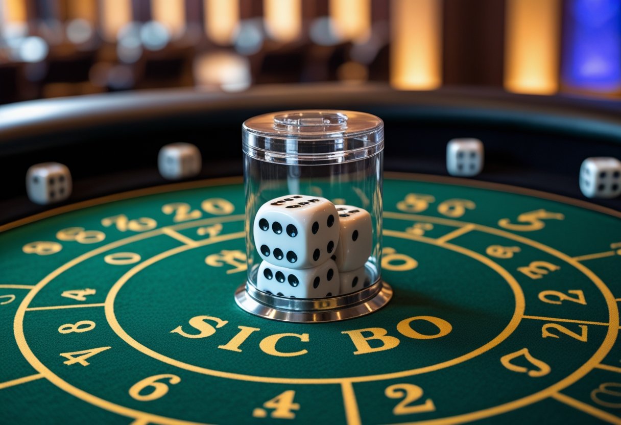 Close-up of a Sic Bo dice shaker with three dice on a green casino table showing betting areas.