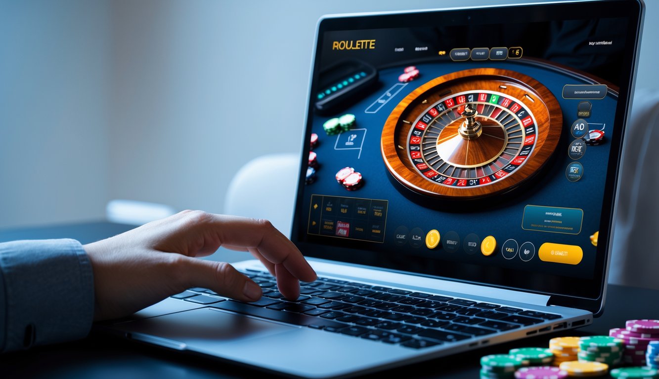 Seseorang menggunakan laptop dengan tampilan roda roulette dan chip taruhan di layar.