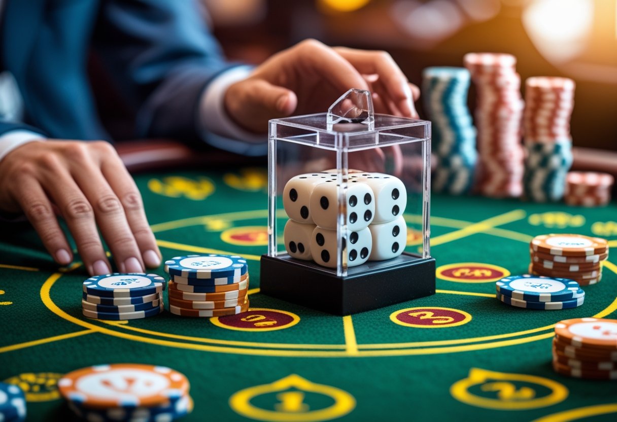 Close-up of a Sic Bo game table showing dice in a shaker, betting chips, and a player's hand placing a bet.