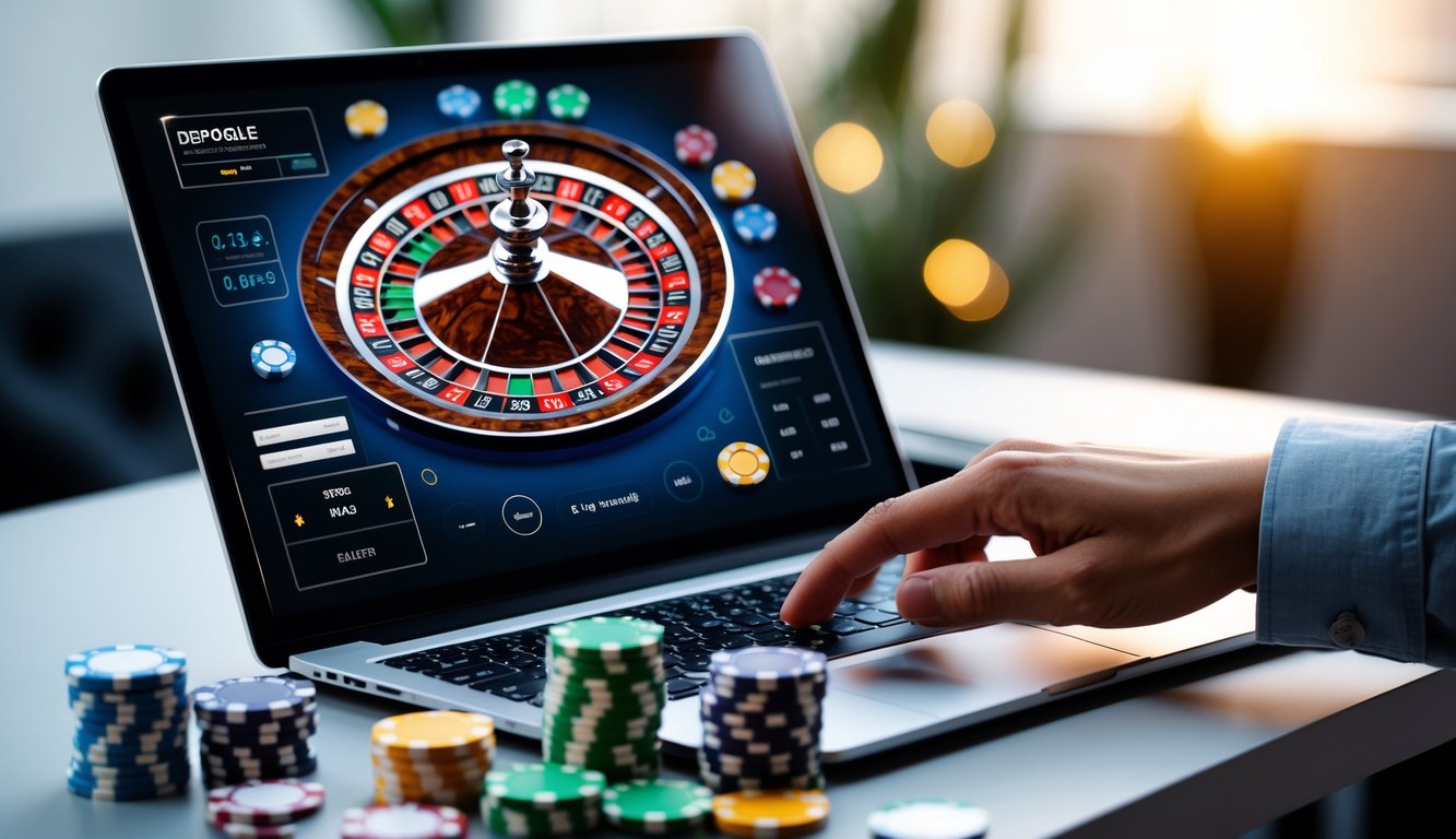 Sebuah laptop menampilkan roda roulette digital dengan tumpukan chip kasino di sekitarnya dan tangan yang sedang menggunakan laptop.