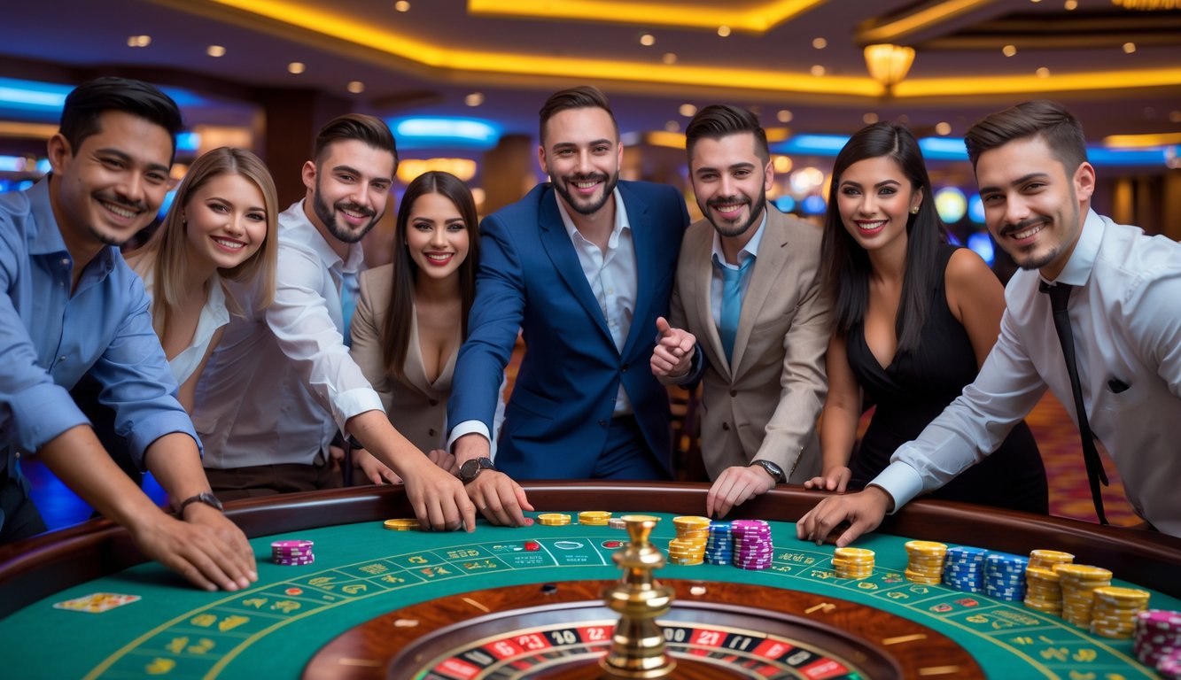 Sekelompok orang bermain roulette di meja kasino dengan suasana ceria dan penuh antusiasme.