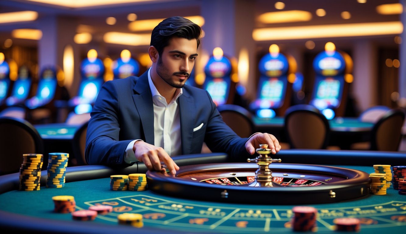 Seorang pria duduk di meja roulette di kasino, fokus melihat roda roulette dan tumpukan chip taruhan.