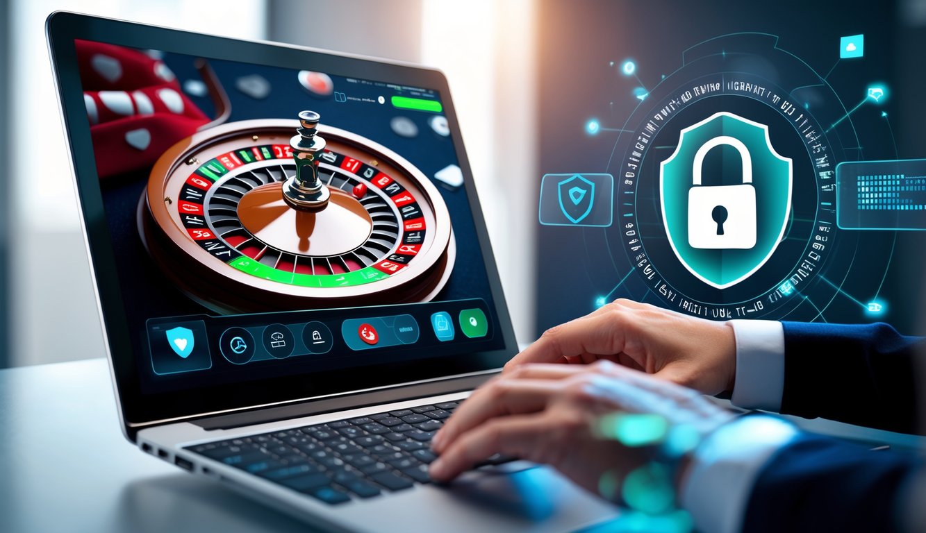 Layar komputer menampilkan roda roulette online yang berputar dengan ikon keamanan di sekitarnya.