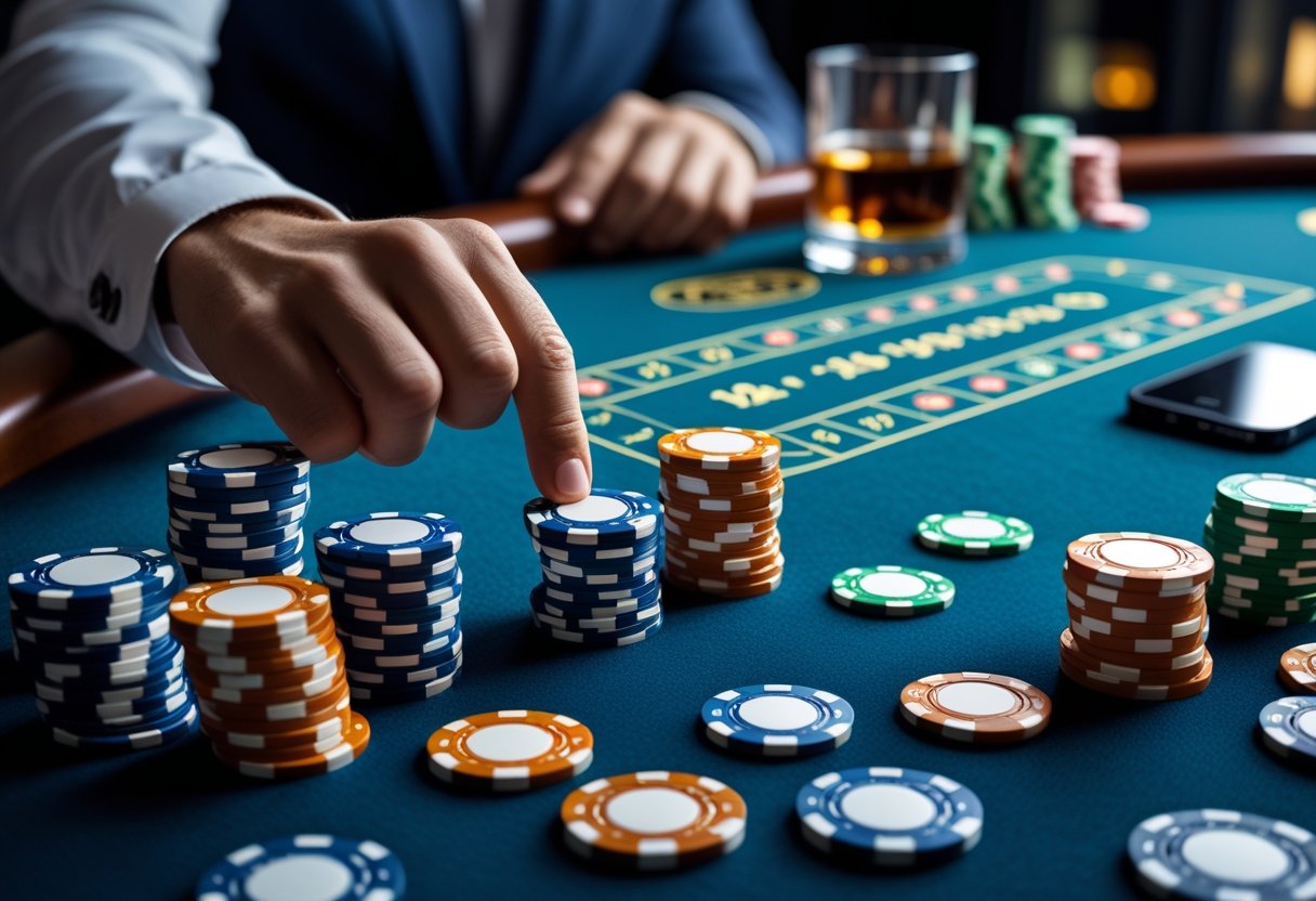 A hand placing poker chips on a roulette table with stacks of chips arranged to show doubling, alongside a glass of whiskey and a smartphone on the table.