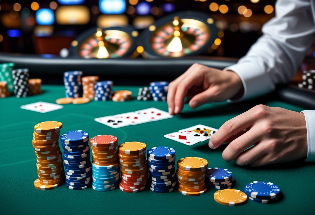 Close-up of hands placing bets with poker chips on a casino table with a roulette wheel in the background.