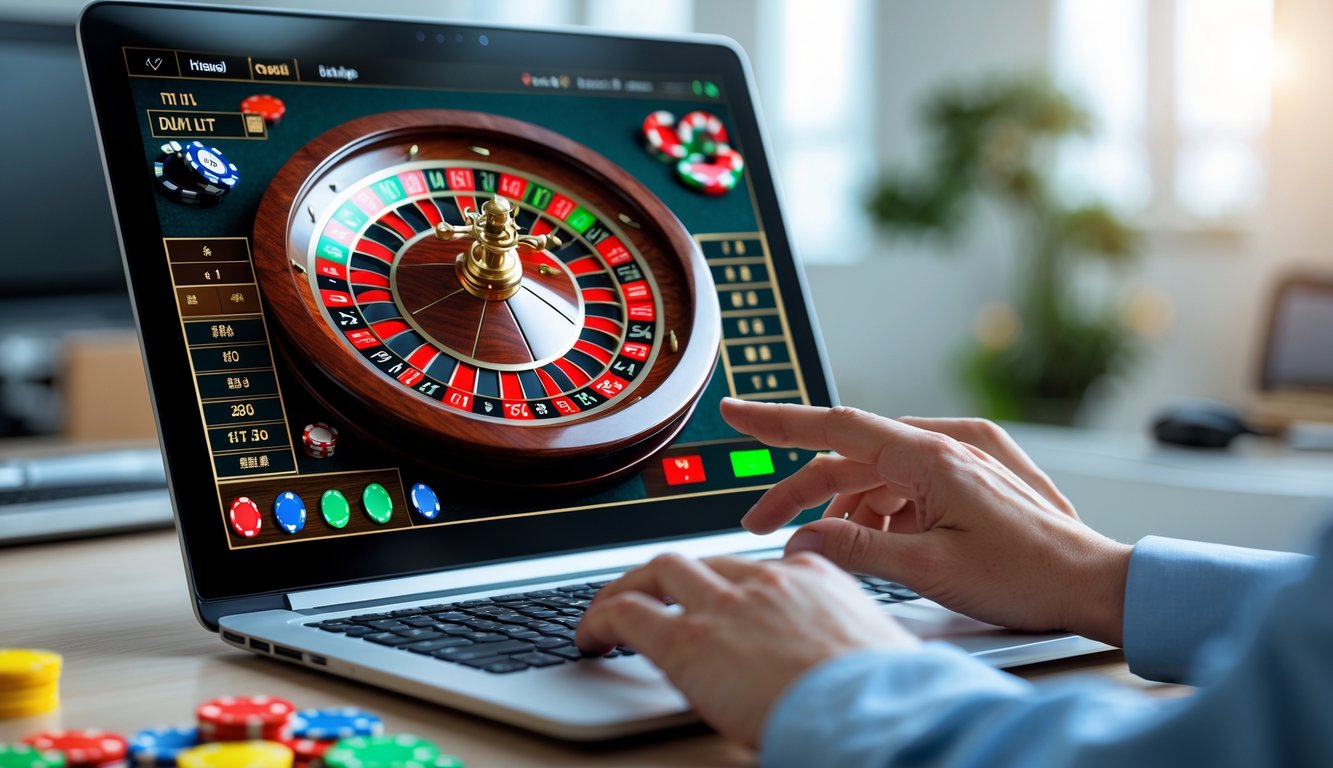 Seorang pemain menggunakan komputer untuk bermain roulette online dengan tampilan roda roulette dan chip taruhan di layar.