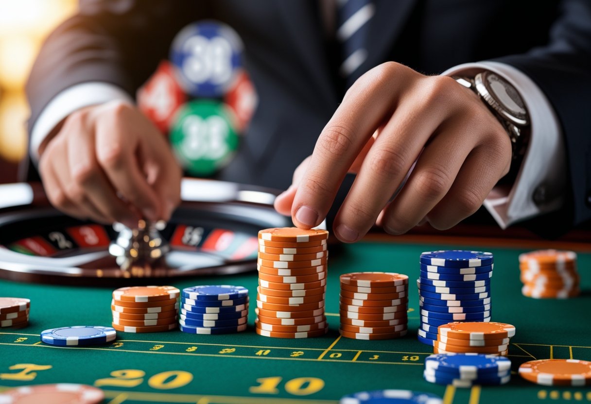 Close-up of hands placing chips on a roulette table with a spinning roulette wheel in the background.