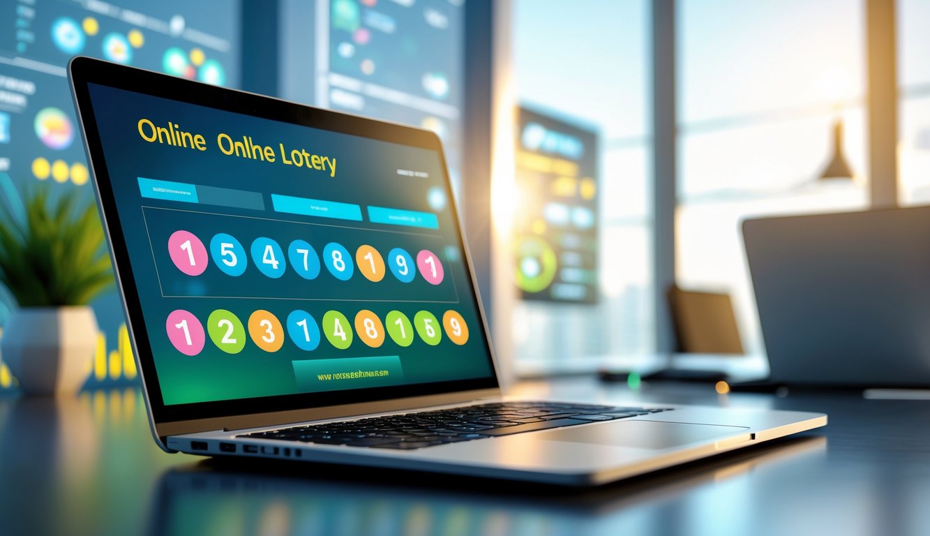 Seorang pria menggunakan komputer di kantor modern dengan layar menampilkan antarmuka lotere online yang profesional dan terpercaya.