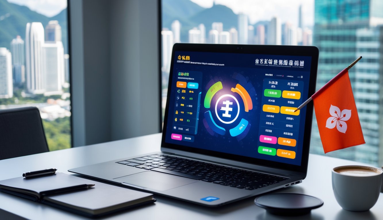 Seorang profesional bekerja di meja dengan laptop yang menampilkan antarmuka lotere digital dan latar belakang pemandangan kota Hong Kong.