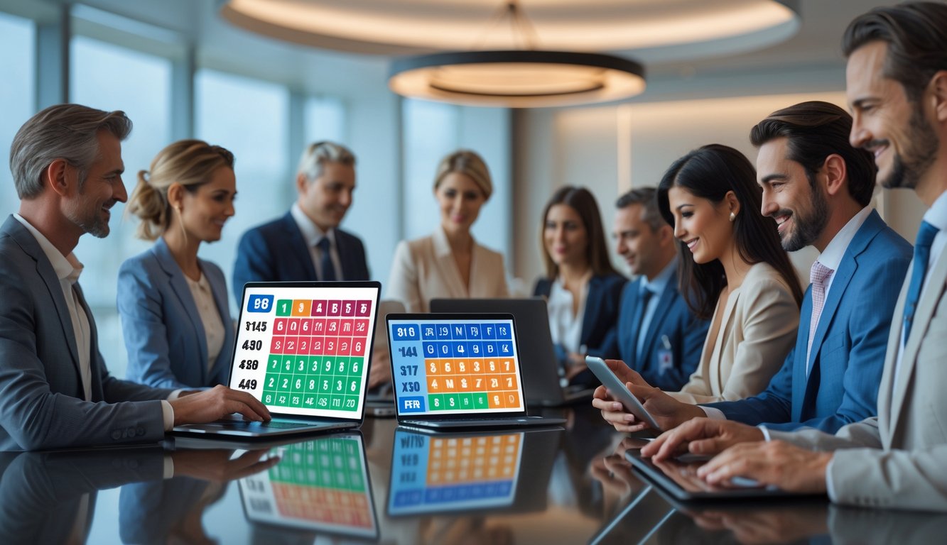 Sekelompok orang dewasa menggunakan perangkat digital di kantor modern yang terang, menampilkan grafik terkait lotere tanpa teks.