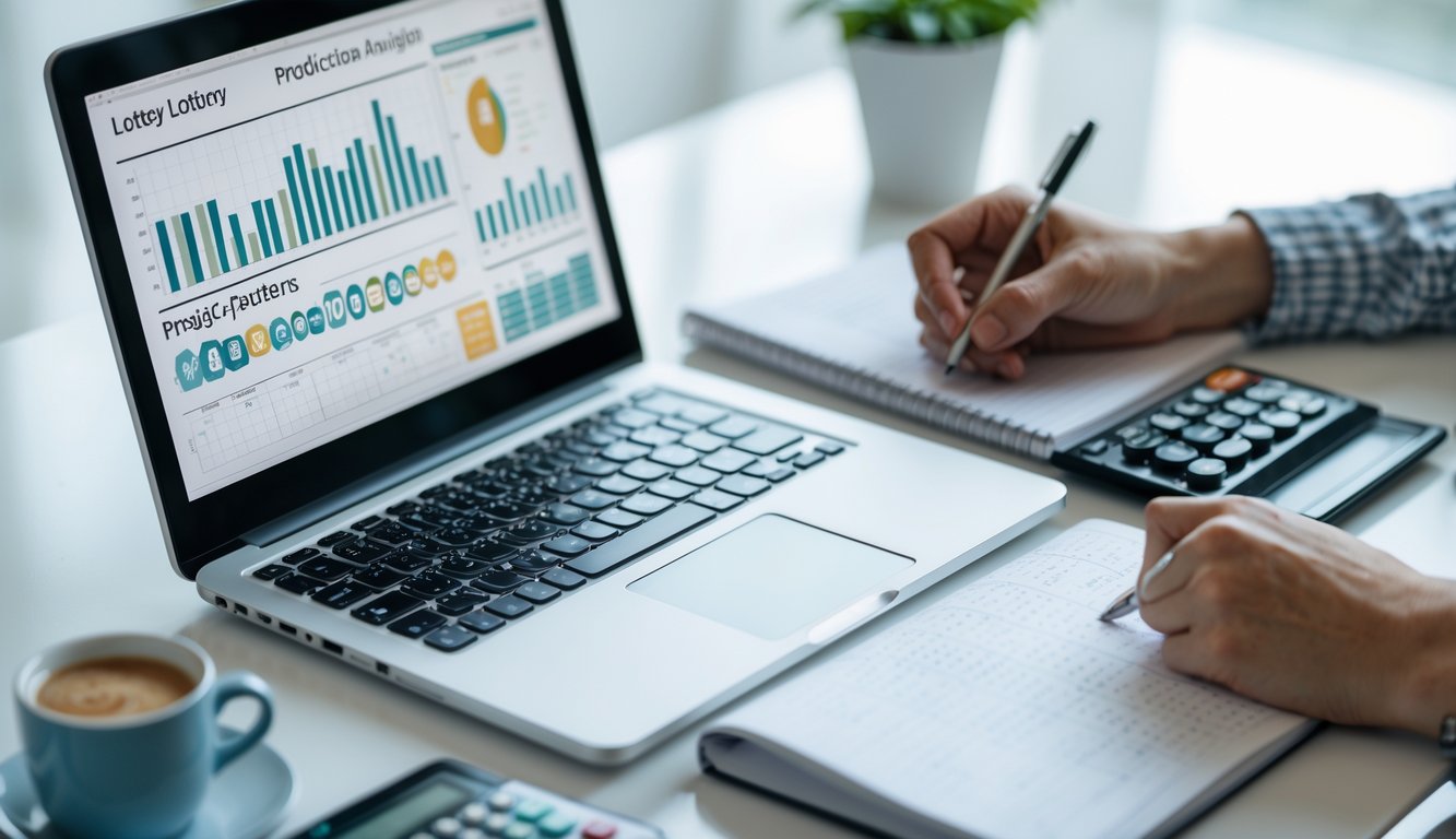 Meja kerja modern dengan laptop menampilkan grafik dan catatan, tangan seseorang sedang menulis di buku catatan.