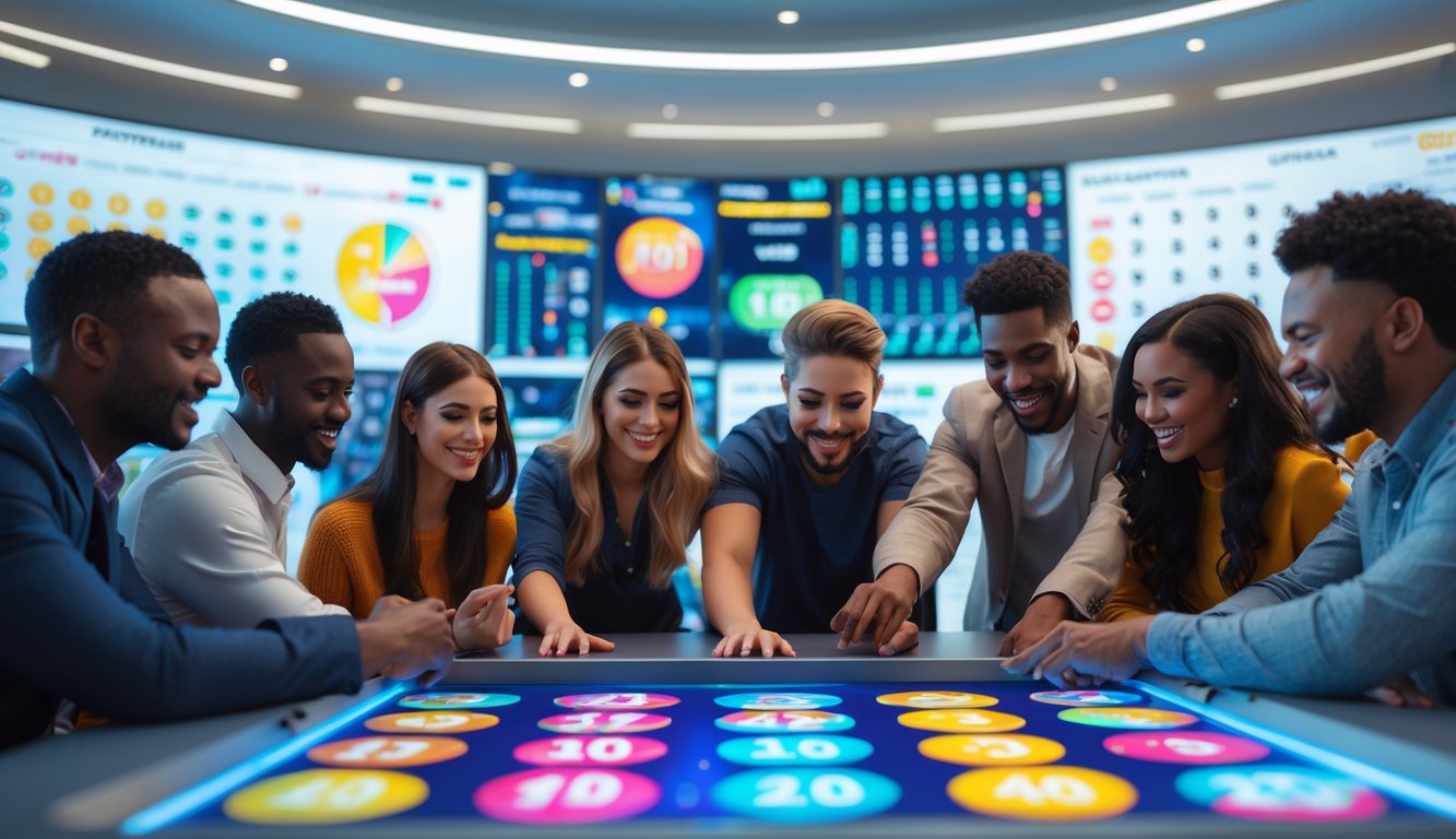 Sekelompok orang muda sedang berinteraksi dengan layar sentuh digital menampilkan angka dan grafik lotere futuristik di ruang kantor modern.