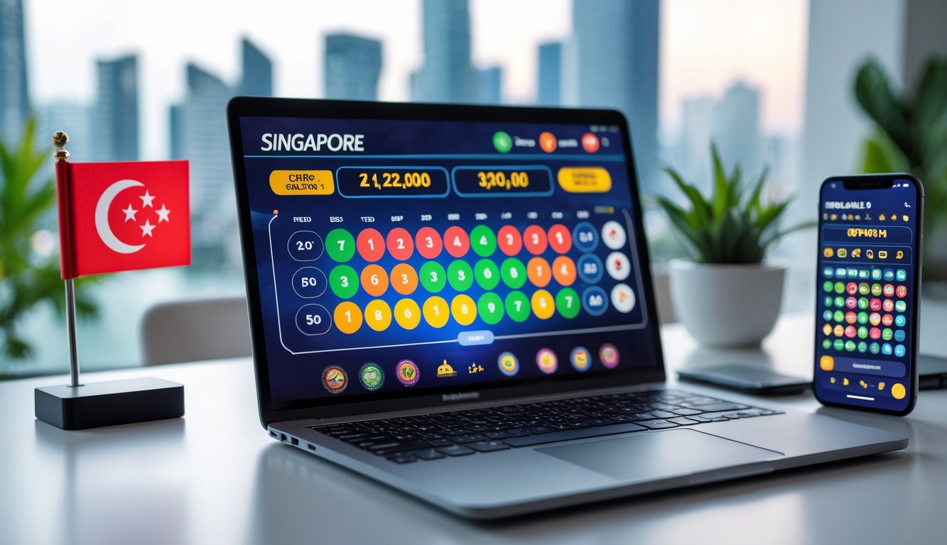 Seseorang menggunakan laptop dan ponsel dengan tampilan aplikasi lotere online, di meja dengan latar belakang pemandangan kota Singapura.