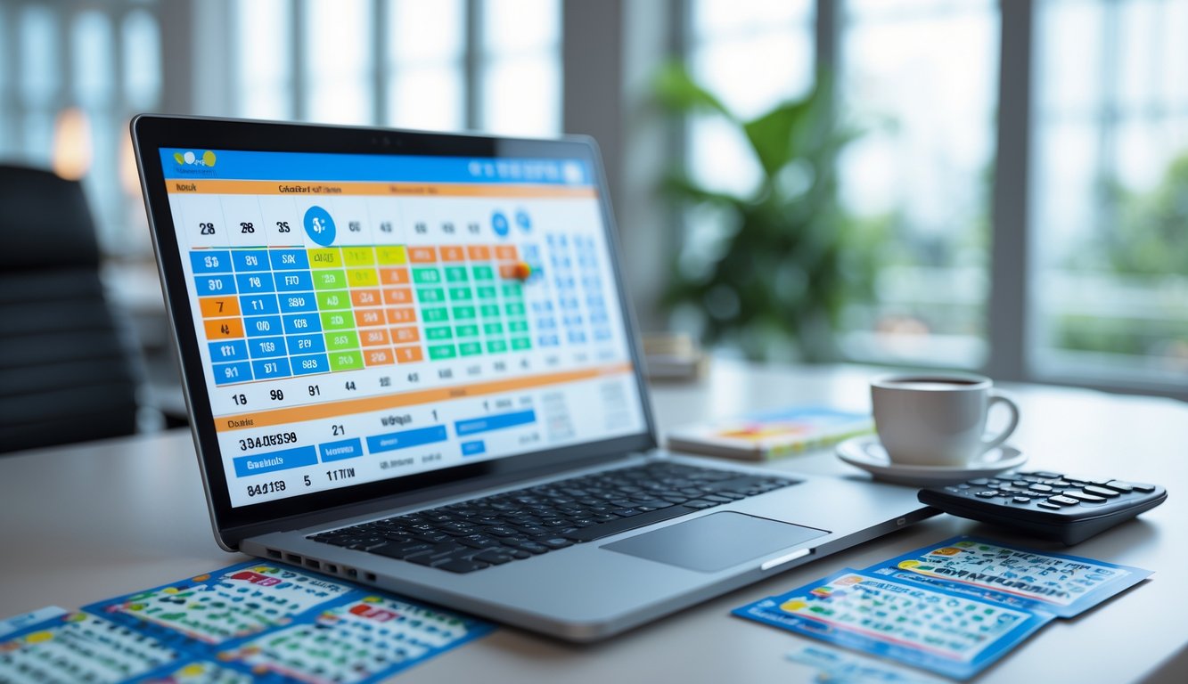 Meja kerja dengan laptop menampilkan grafik togel, tiket togel, kalkulator, dan secangkir kopi di ruangan kantor yang terang.