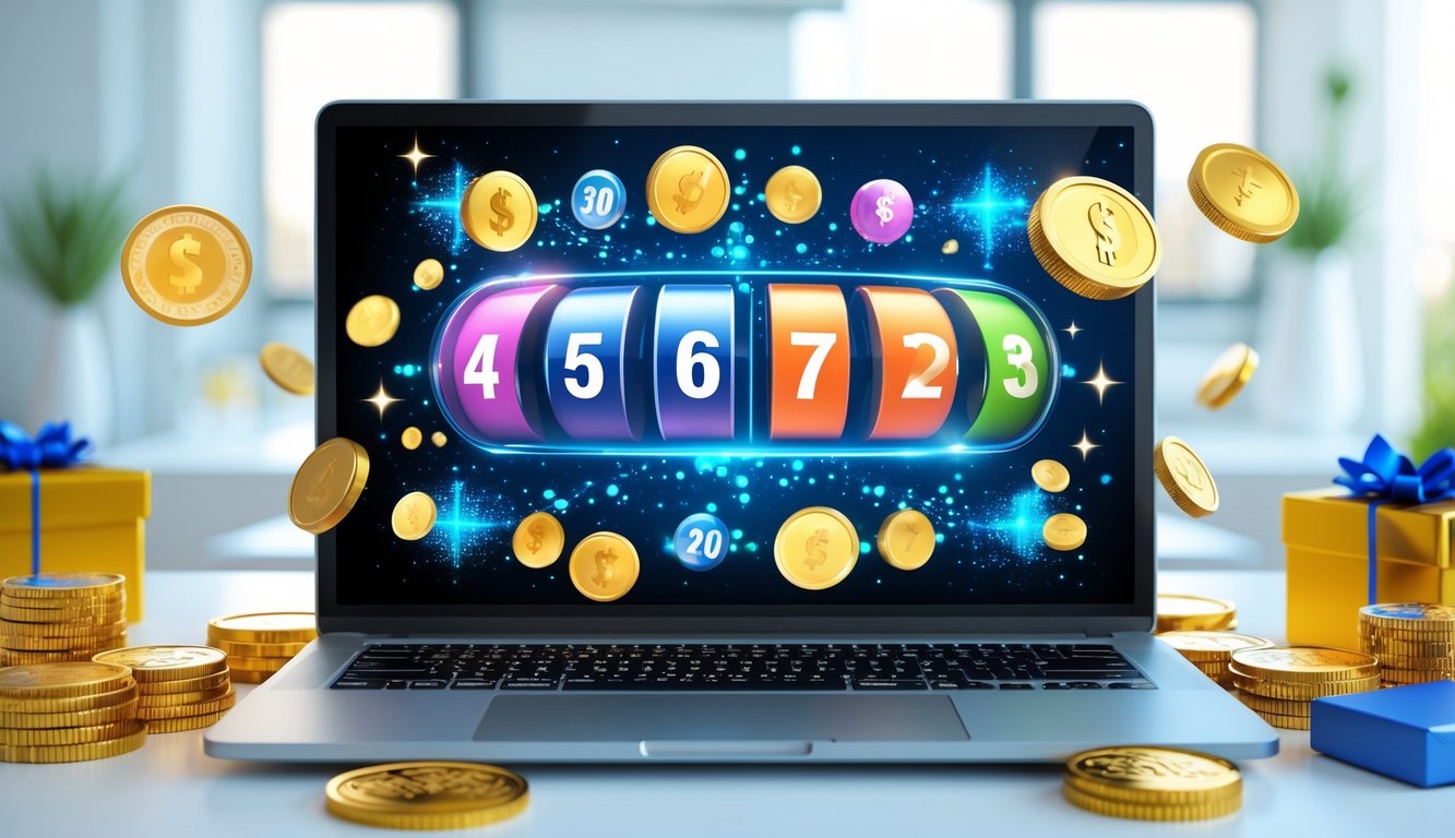 Meja kerja modern dengan laptop yang menampilkan antarmuka lotere digital dan beberapa koin emas serta kotak hadiah di sekitarnya.