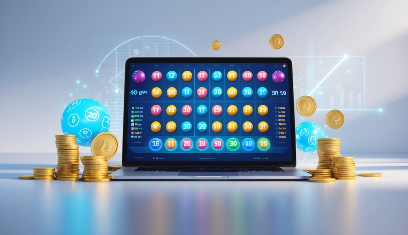 Perangkat digital menampilkan antarmuka lotere online dengan bola lotere bercahaya dan koin emas di sekitarnya.