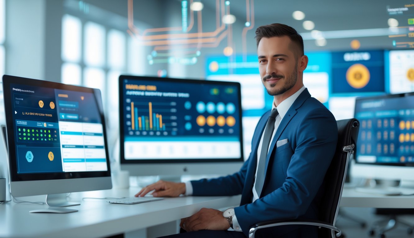 Seorang profesional duduk di meja kantor dengan beberapa layar komputer yang menampilkan grafik dan angka terkait layanan agen togel resmi.