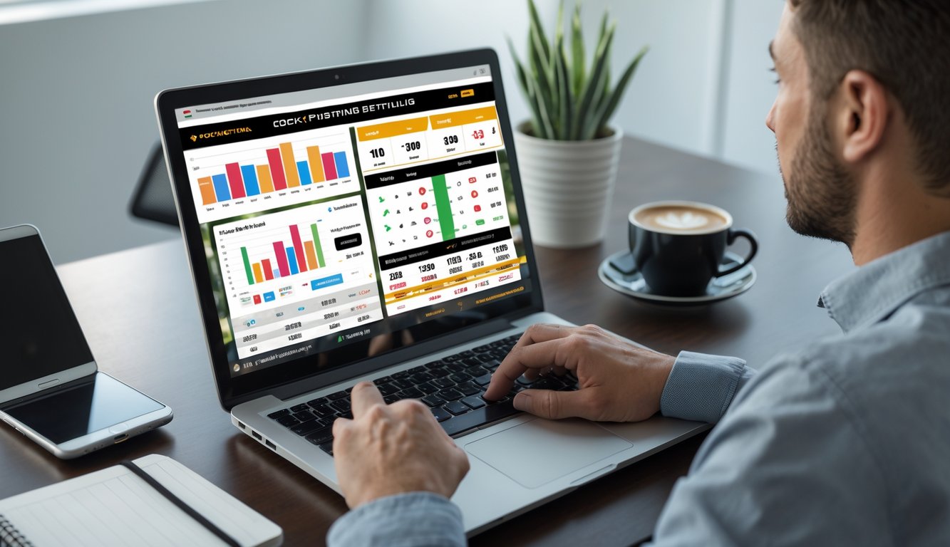 Seseorang menggunakan laptop di meja kerja dengan layar menampilkan situs taruhan sabung ayam online.