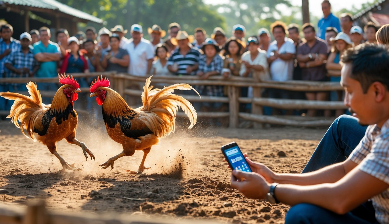 Suasana pertandingan sabung ayam dengan dua ayam jago bertarung di tengah kerumunan penonton dan seseorang sedang menggunakan ponsel untuk melakukan transaksi cepat.