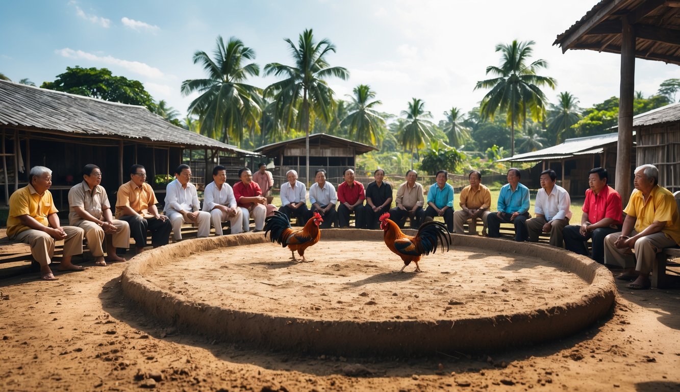 Sekelompok pria sedang menonton pertarungan ayam di arena luar ruangan dengan latar pepohonan tropis.