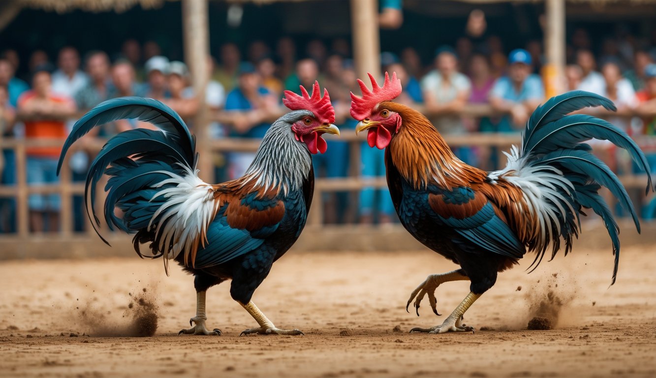 Dua ayam jago sedang bertarung di depan kerumunan orang yang menyaksikan dengan antusias.