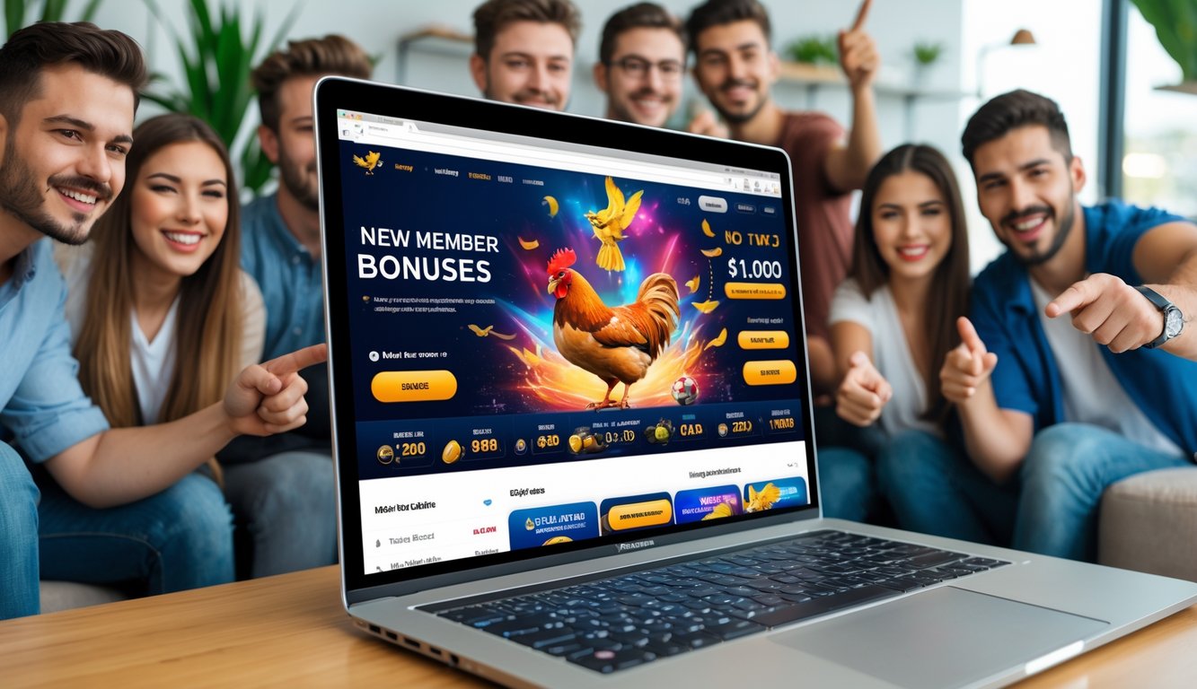 Beberapa orang muda mengamati layar perangkat elektronik yang menampilkan platform taruhan sabung ayam online dengan ekspresi antusias.