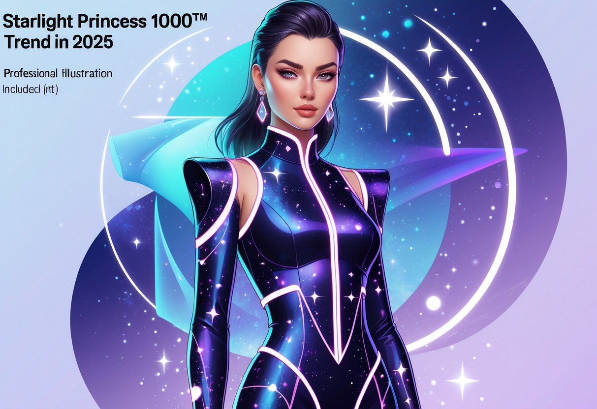 Seorang wanita mengenakan pakaian bercorak bintang dengan latar belakang bertema kosmik dan pola abstrak.