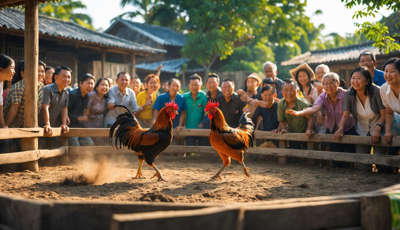 Dua ayam jago sedang bertarung di arena kayu dengan penonton yang antusias di sekitar mereka di sebuah desa tradisional.