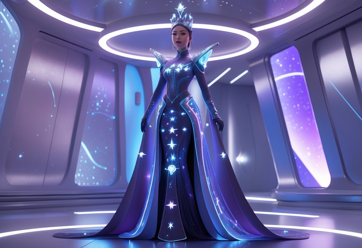 Seorang putri futuristik dengan elemen bintang bercahaya di pakaiannya, berdiri di lingkungan modern dengan latar belakang bergradasi biru dan ungu.