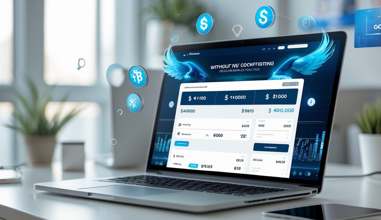 Sebuah laptop di meja kerja menampilkan situs taruhan sabung ayam dengan simbol transaksi digital di sekitarnya.