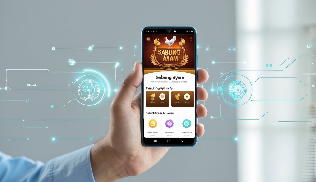 Seseorang memegang ponsel yang menampilkan antarmuka aplikasi Android terkait sabung ayam dengan latar belakang minimalis dan elemen teknologi.
