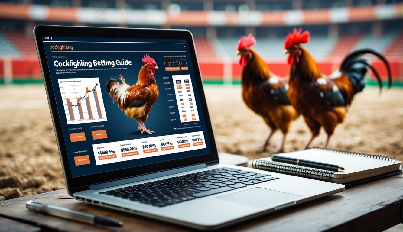 Meja kerja dengan laptop menampilkan grafik sabung ayam, buku catatan, dan latar belakang arena sabung ayam dengan dua ayam jago.