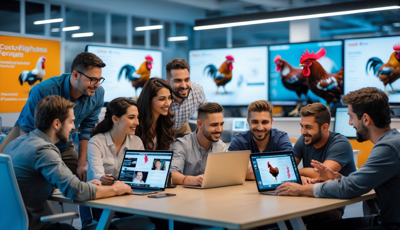 Sekelompok orang berkumpul di ruang kerja modern dengan perangkat digital, berdiskusi dan berbagi informasi tentang sabung ayam.