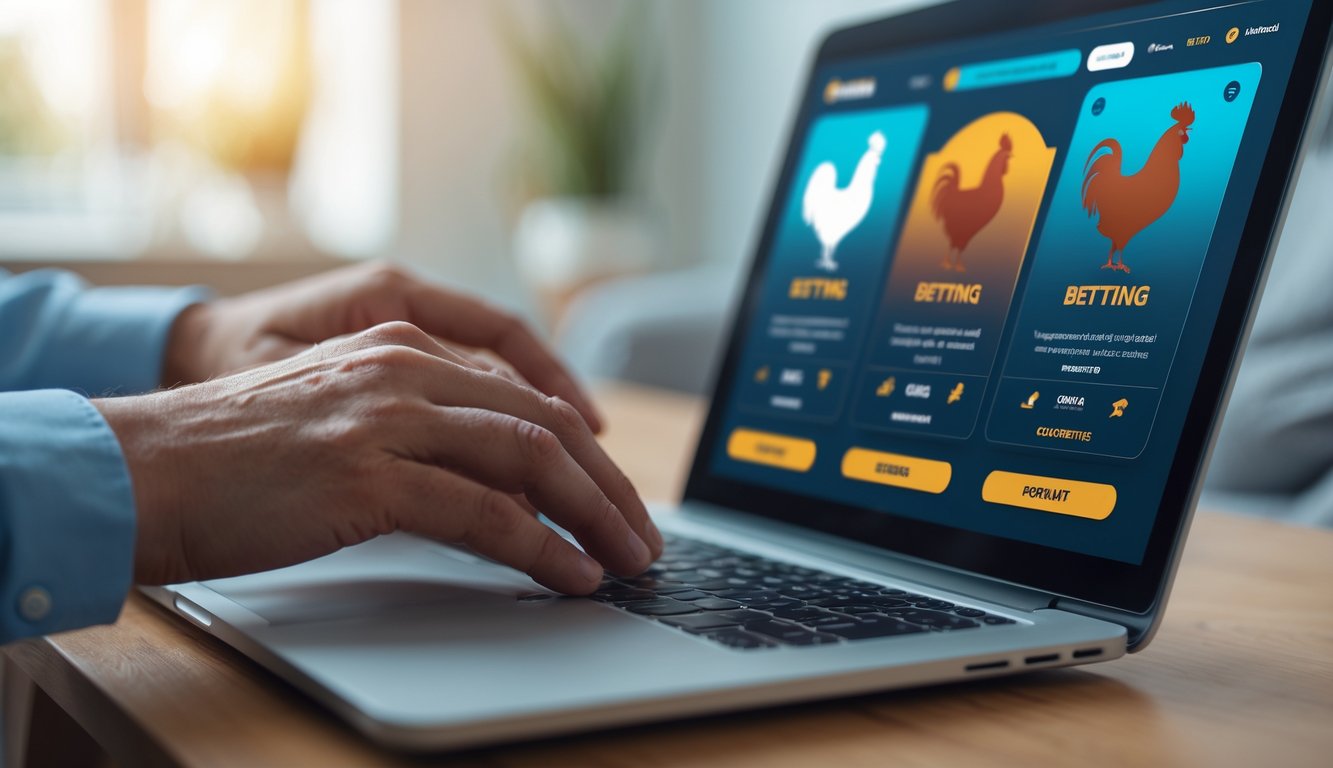 Seseorang menggunakan laptop atau ponsel untuk mengakses situs taruhan sabung ayam online di lingkungan rumah atau kantor yang nyaman.