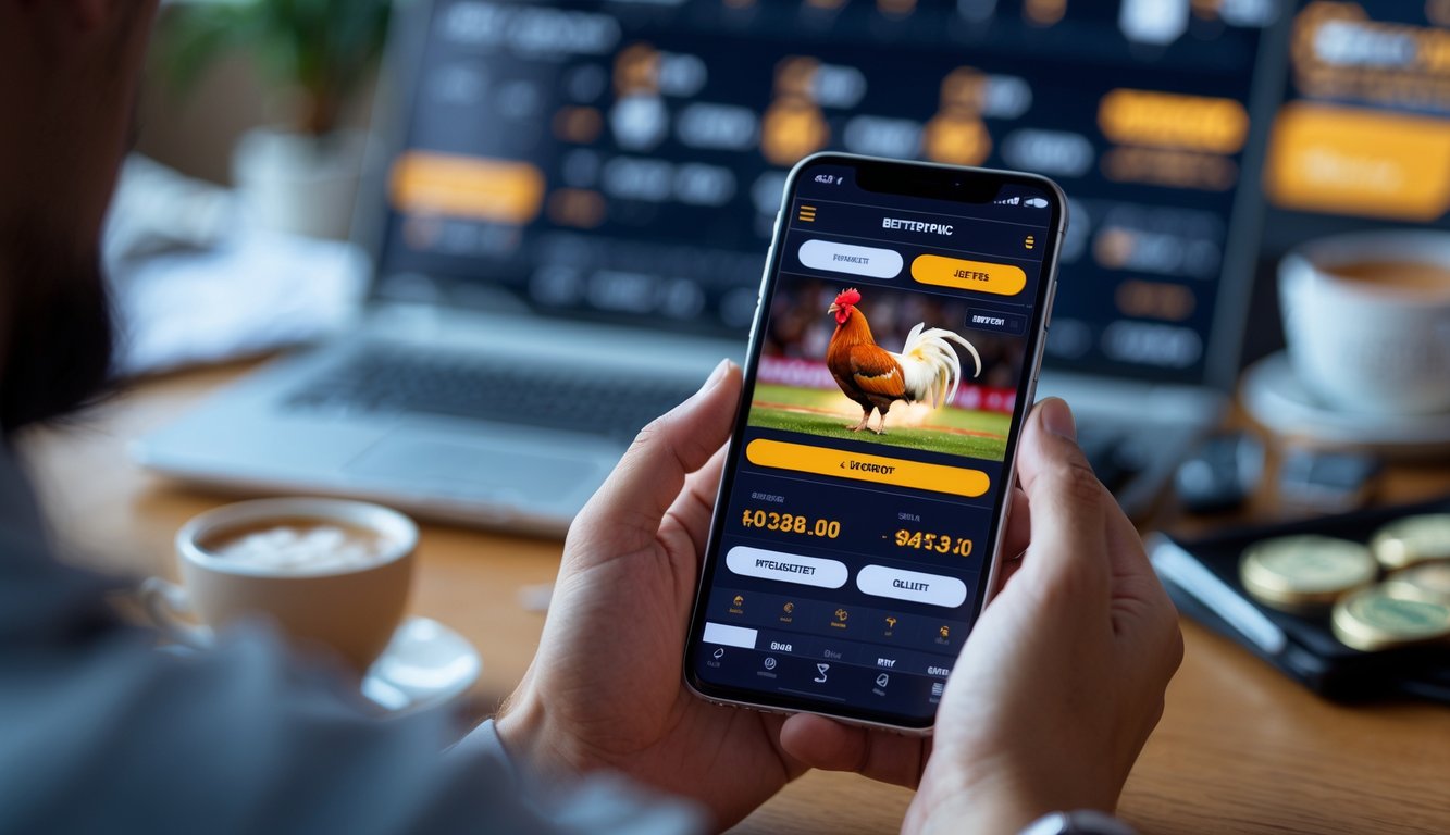 Seseorang menggunakan ponsel pintar dengan aplikasi taruhan sabung ayam langsung, di latar belakang suasana rumah yang nyaman.