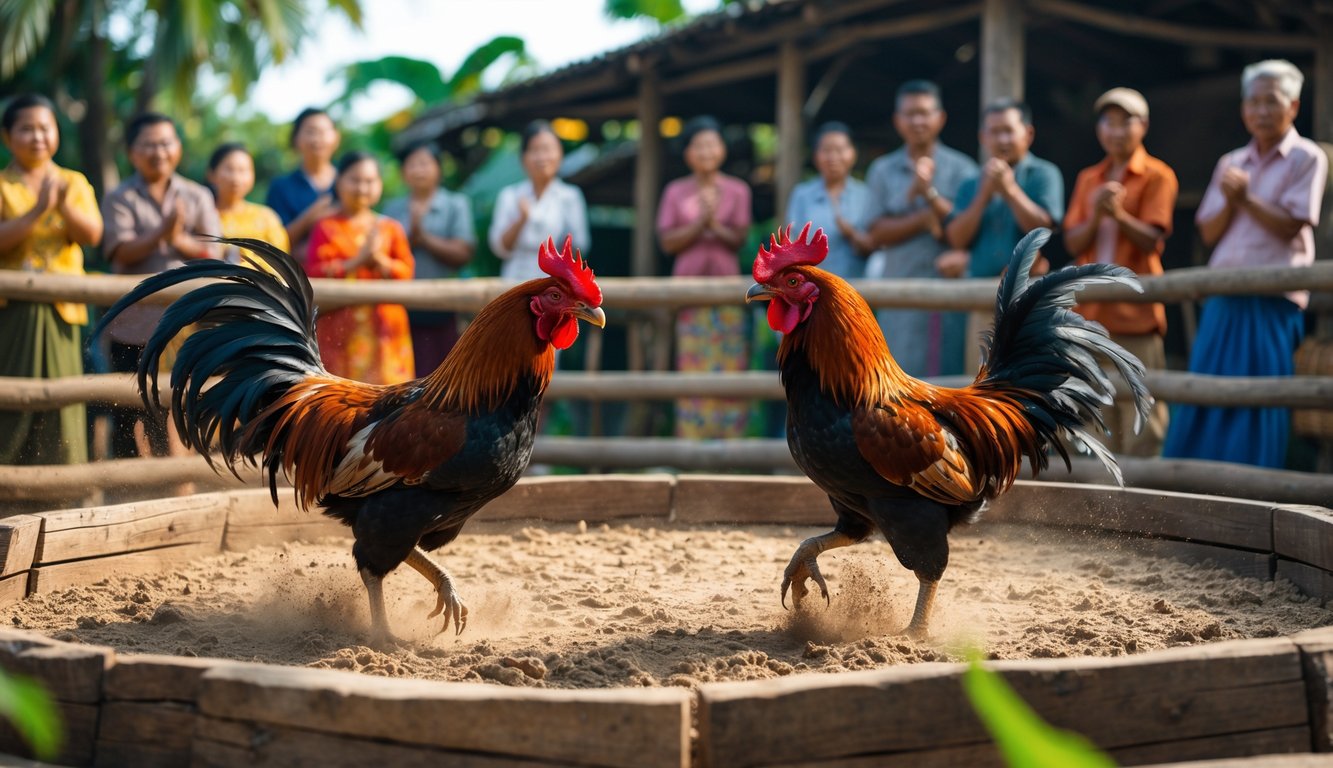 Suasana arena sabung ayam tradisional dengan dua ayam jago sedang bertarung dan penonton di sekitarnya.