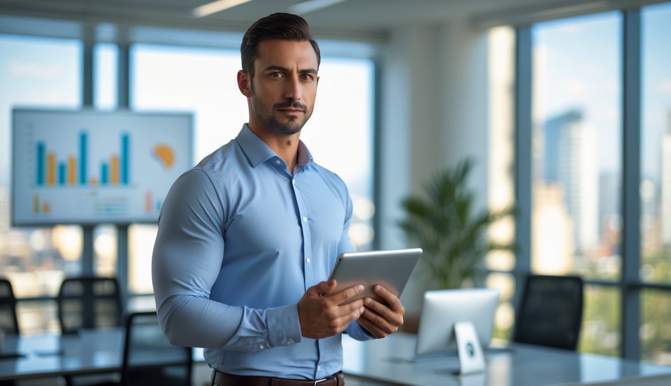 Seorang pria percaya diri berdiri di kantor modern dengan tablet di tangan, menunjukkan suasana profesional dan sukses.