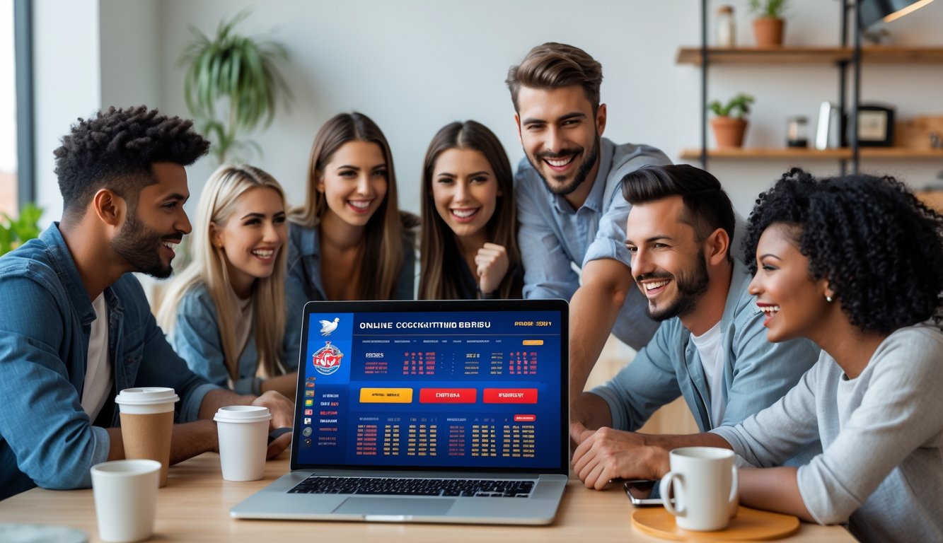 Beberapa orang muda sedang berkumpul di sekitar laptop yang menampilkan situs taruhan sabung ayam online dengan suasana ceria dan santai.