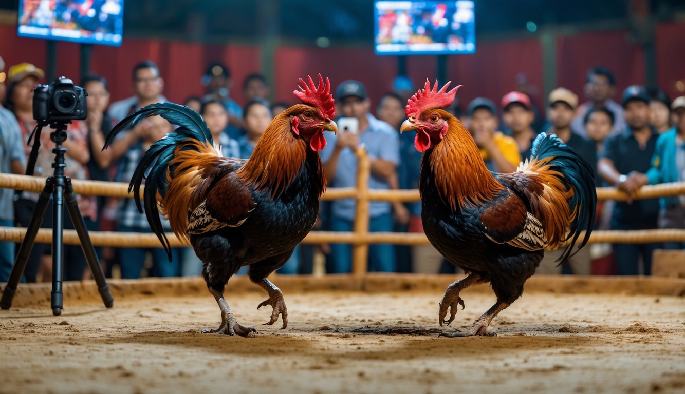 Dua ayam aduan sedang bertarung di arena dengan penonton mengamati dan kamera merekam pertandingan secara langsung.