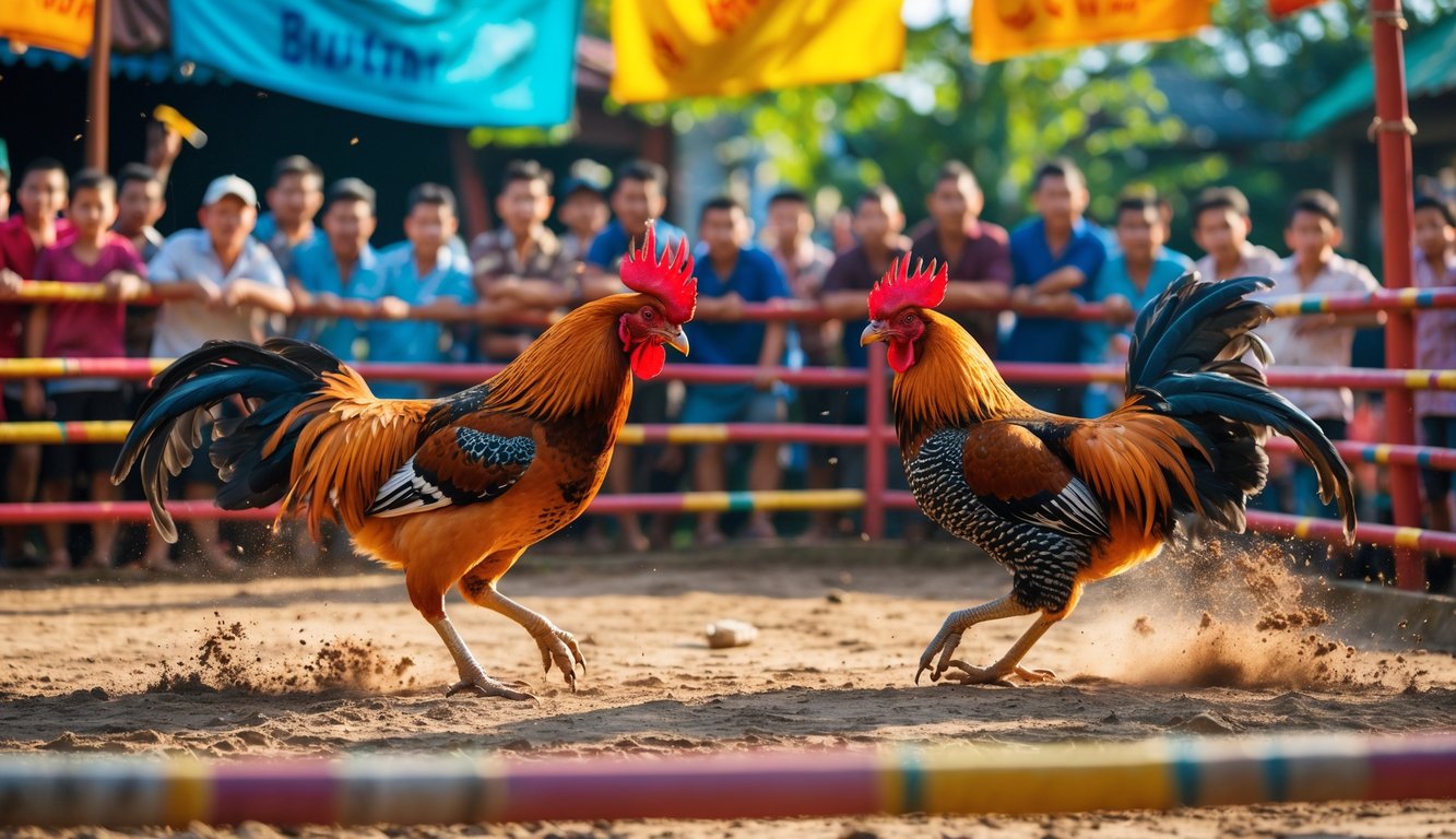 Kerumunan orang menonton pertandingan sabung ayam tradisional di arena terbuka dengan dua ayam jago sedang bertarung.