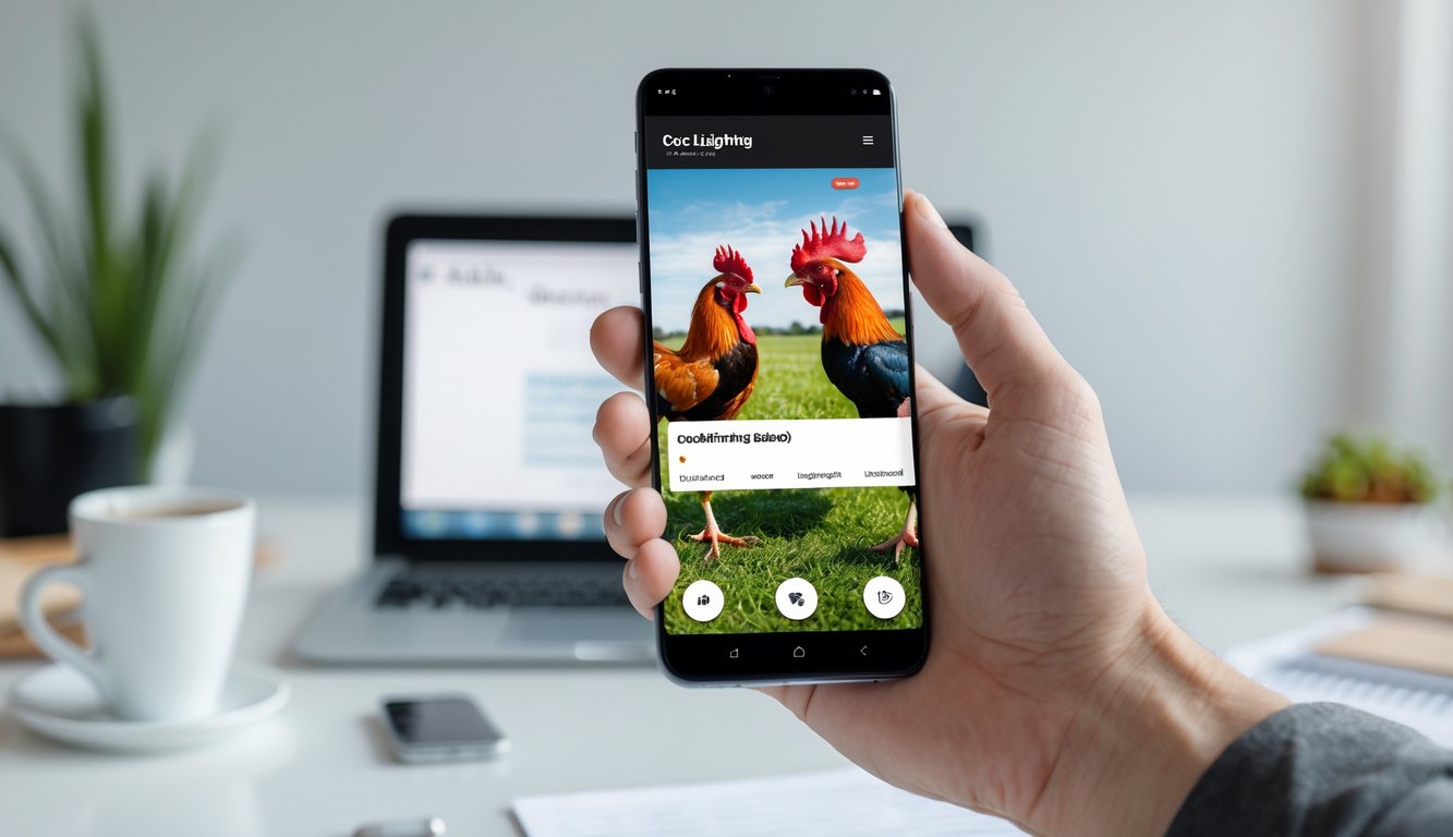 Seseorang memegang ponsel pintar yang menampilkan aplikasi sabung ayam dengan latar belakang meja kerja minimalis.