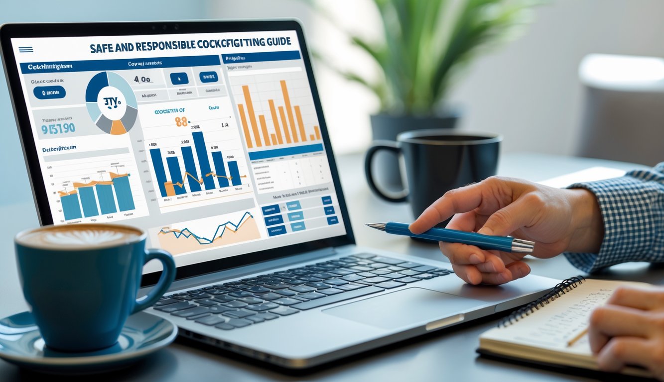 Meja kerja dengan laptop menampilkan grafik sabung ayam, tangan seseorang menunjuk layar dengan pena, dan secangkir kopi di sampingnya.