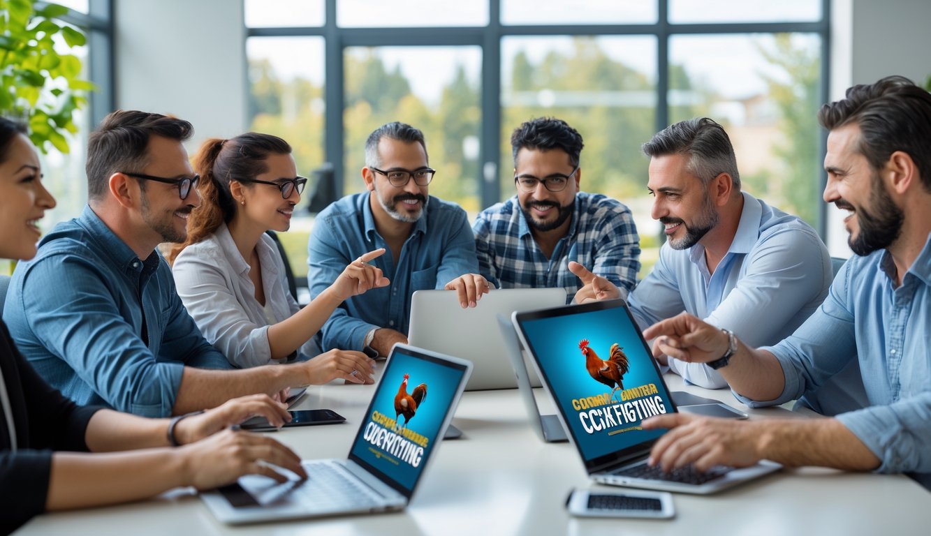 Sekelompok orang sedang berdiskusi di ruang kantor modern dengan perangkat elektronik, berbagi informasi tentang sabung ayam.