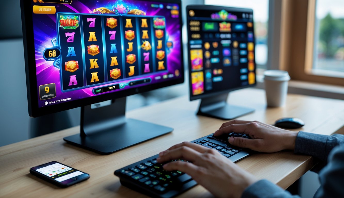 Seseorang bermain permainan slot online di komputer dengan suasana meja kerja yang rapi dan nyaman.