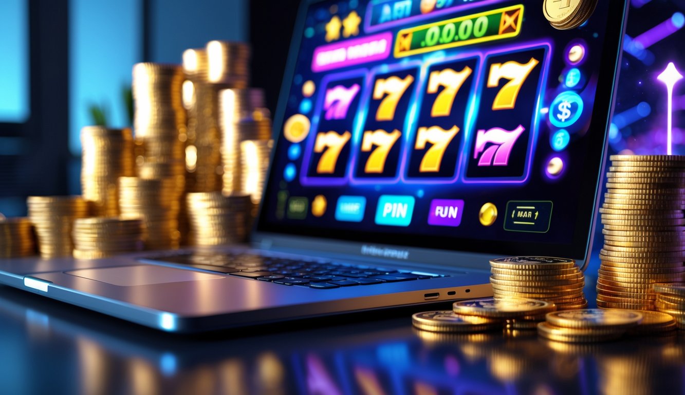 Tampilan layar komputer dengan mesin slot online yang menampilkan kombinasi kemenangan dan simbol bonus, dikelilingi oleh tumpukan koin emas dan chip kasino di ruang bermain yang terang.