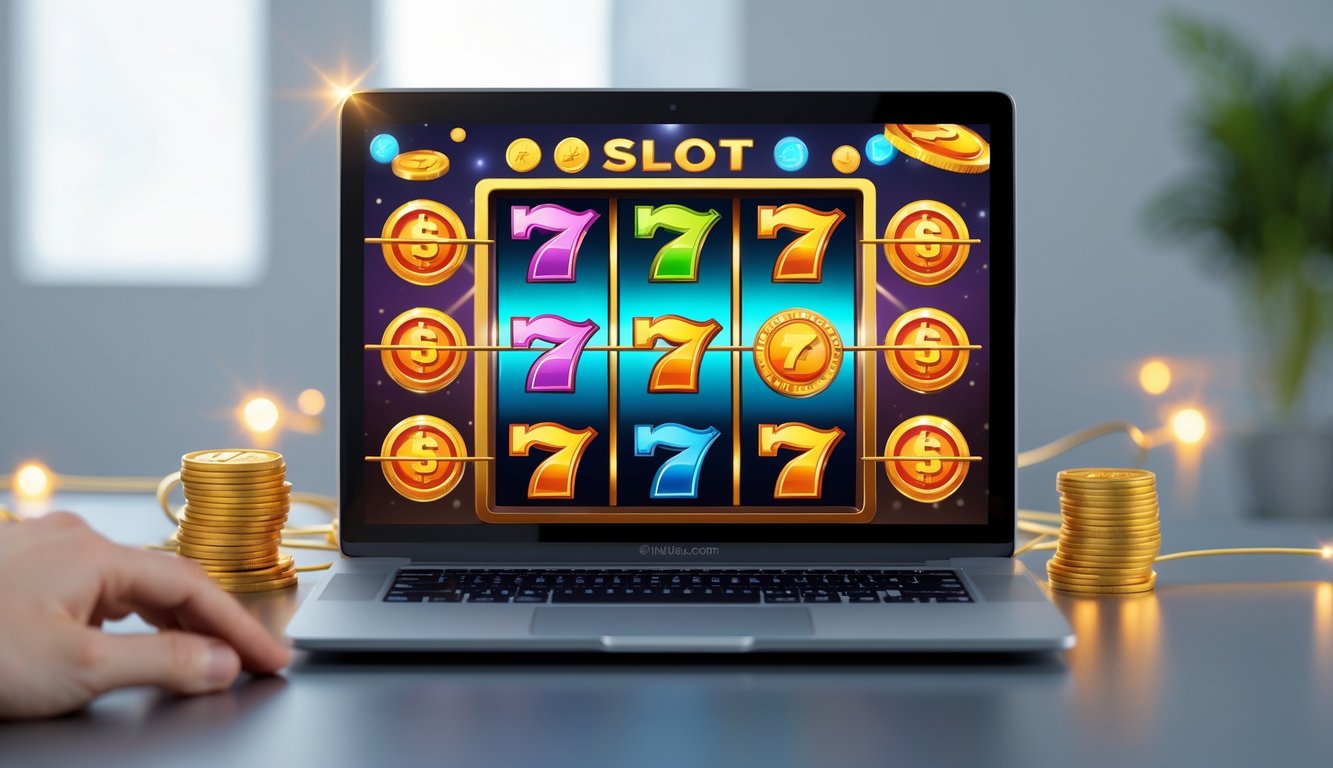 Seorang pengguna sedang bermain mesin slot online di laptop dengan tampilan simbol kemenangan di layar.