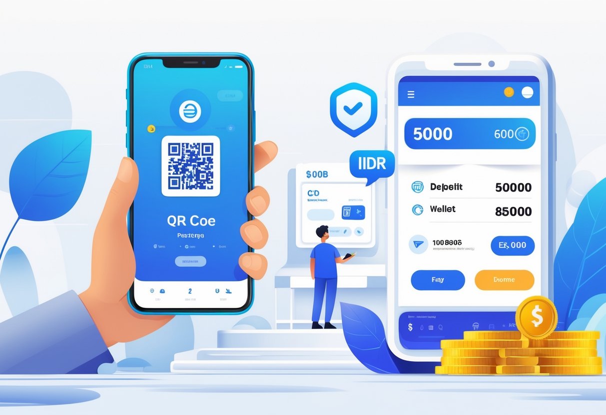 Seseorang memegang ponsel yang menampilkan kode QR untuk pembayaran digital dengan tanda transaksi berhasil dan jumlah deposit 5000 rupiah tanpa potongan.