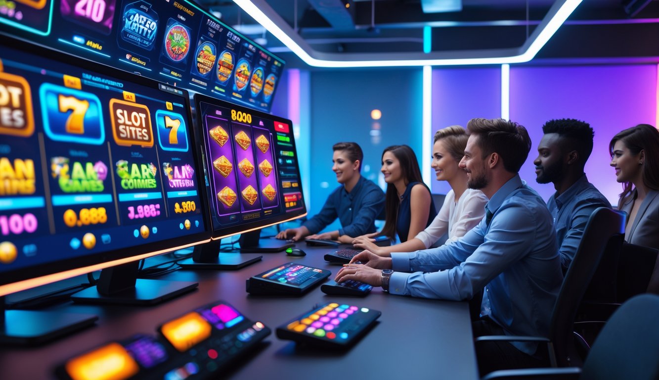 Orang-orang muda menggunakan komputer dengan layar menampilkan permainan slot online berwarna-warni di ruang kantor modern.